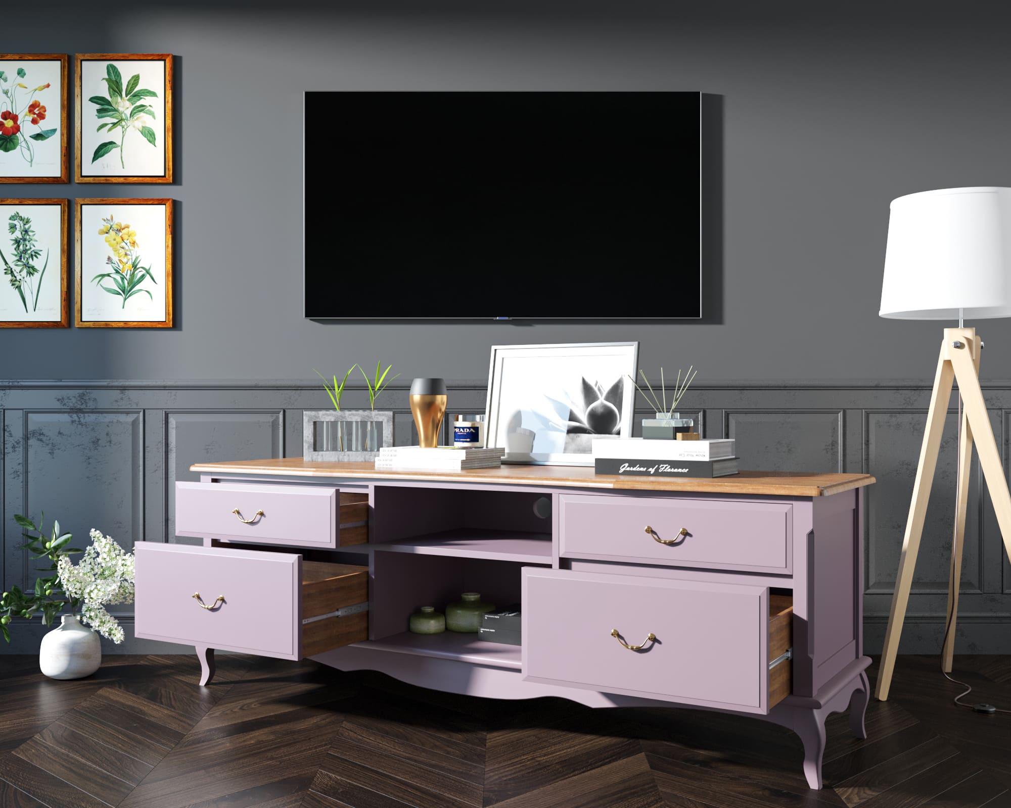 Комод 4 ящика массив Leontina Lavanda под TV удлиненный арт ST9328/2L