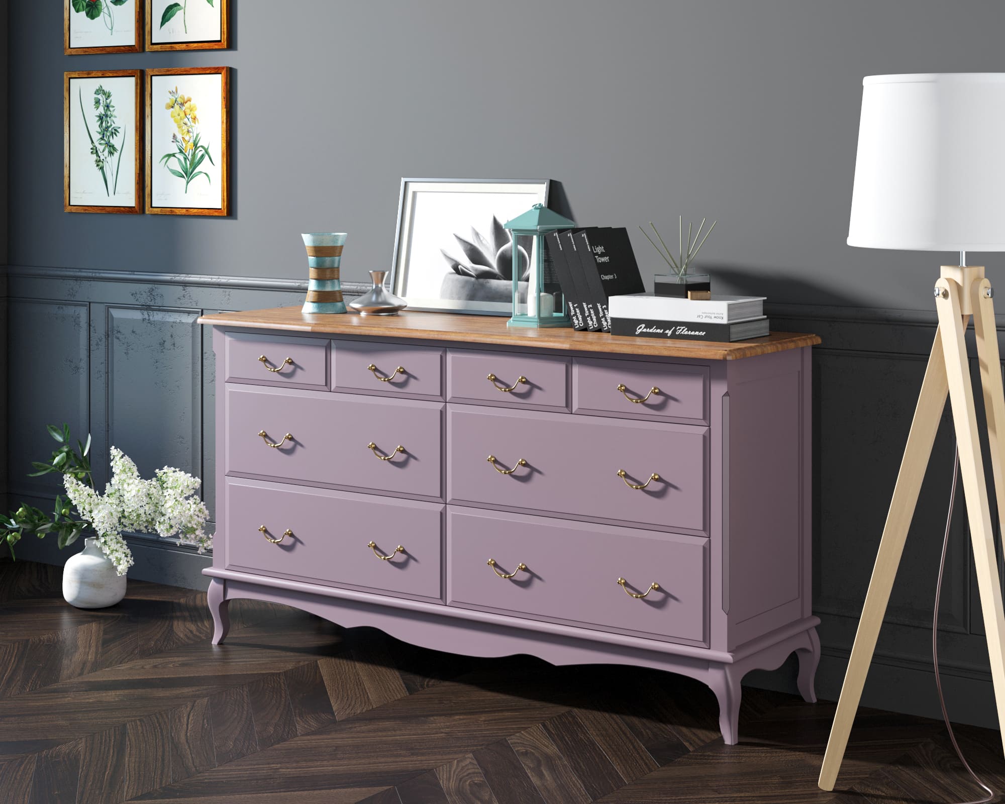 Большой комод Leontina Lavanda на восемь ящиков арт ST9335/2L