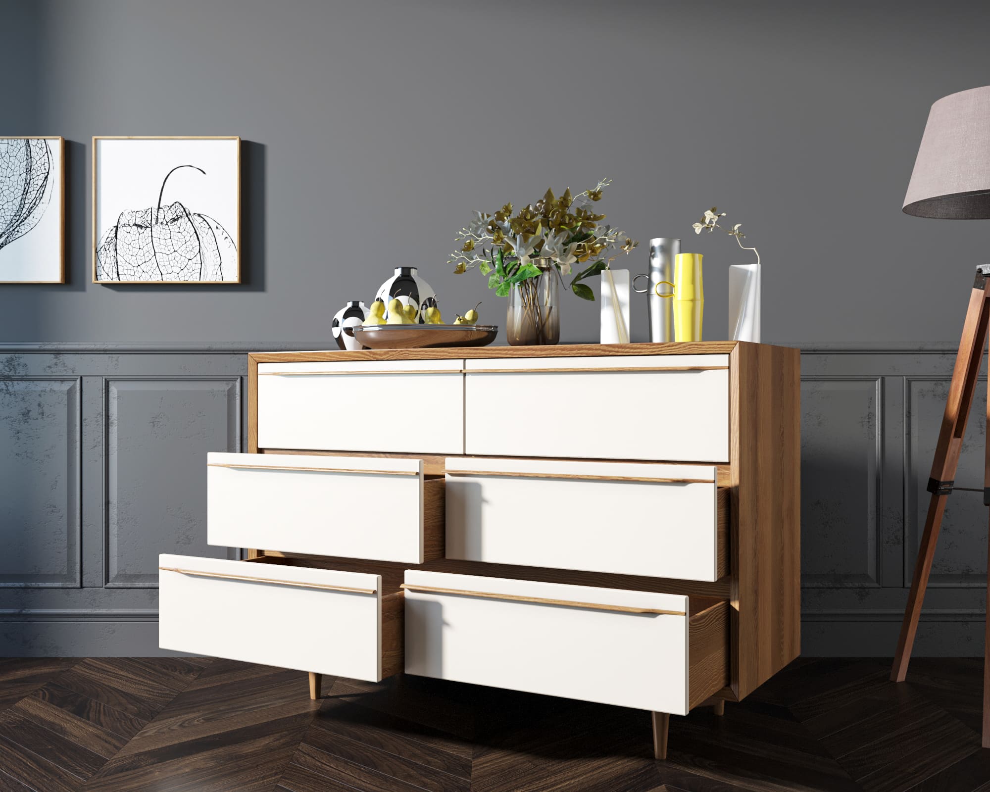 Комод массив дерева "Bruni white" с шестью ящиками