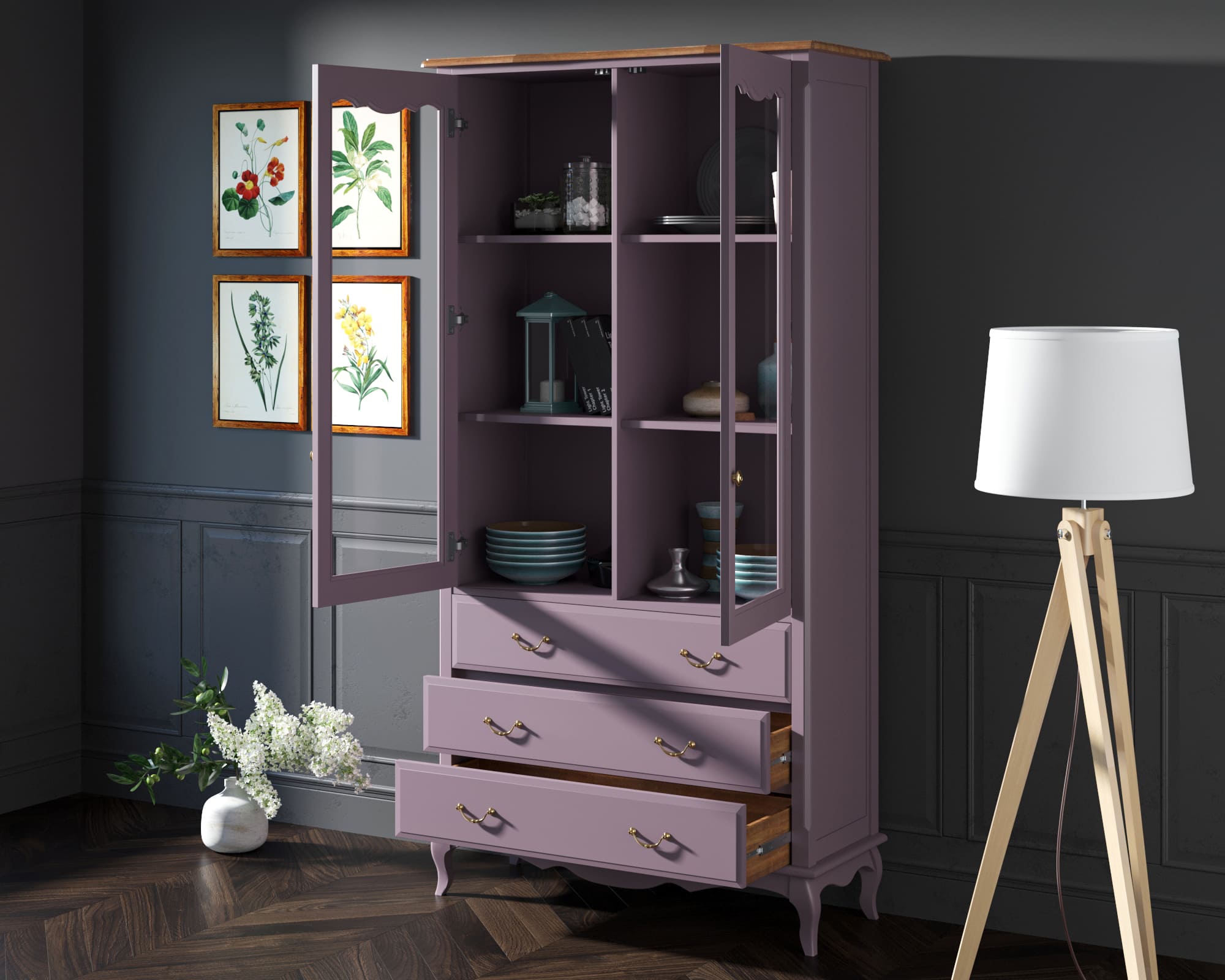 Шкаф "Leontina Lavanda" для посуды высокий 3 ящика арт ST9355/3L