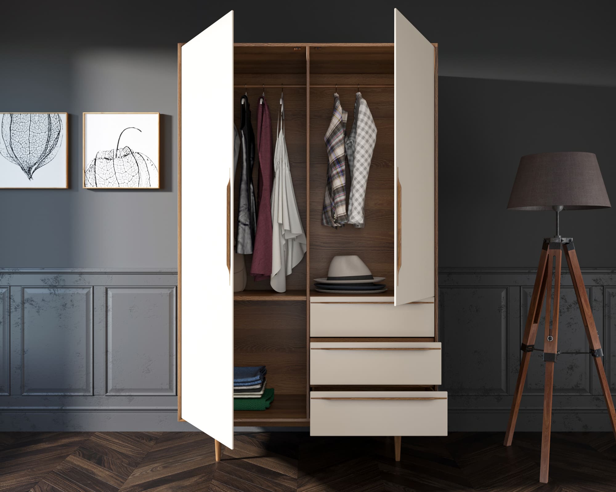 Шкаф двухстворчатый с ящиками в скандинавском стиле "Bruni white"