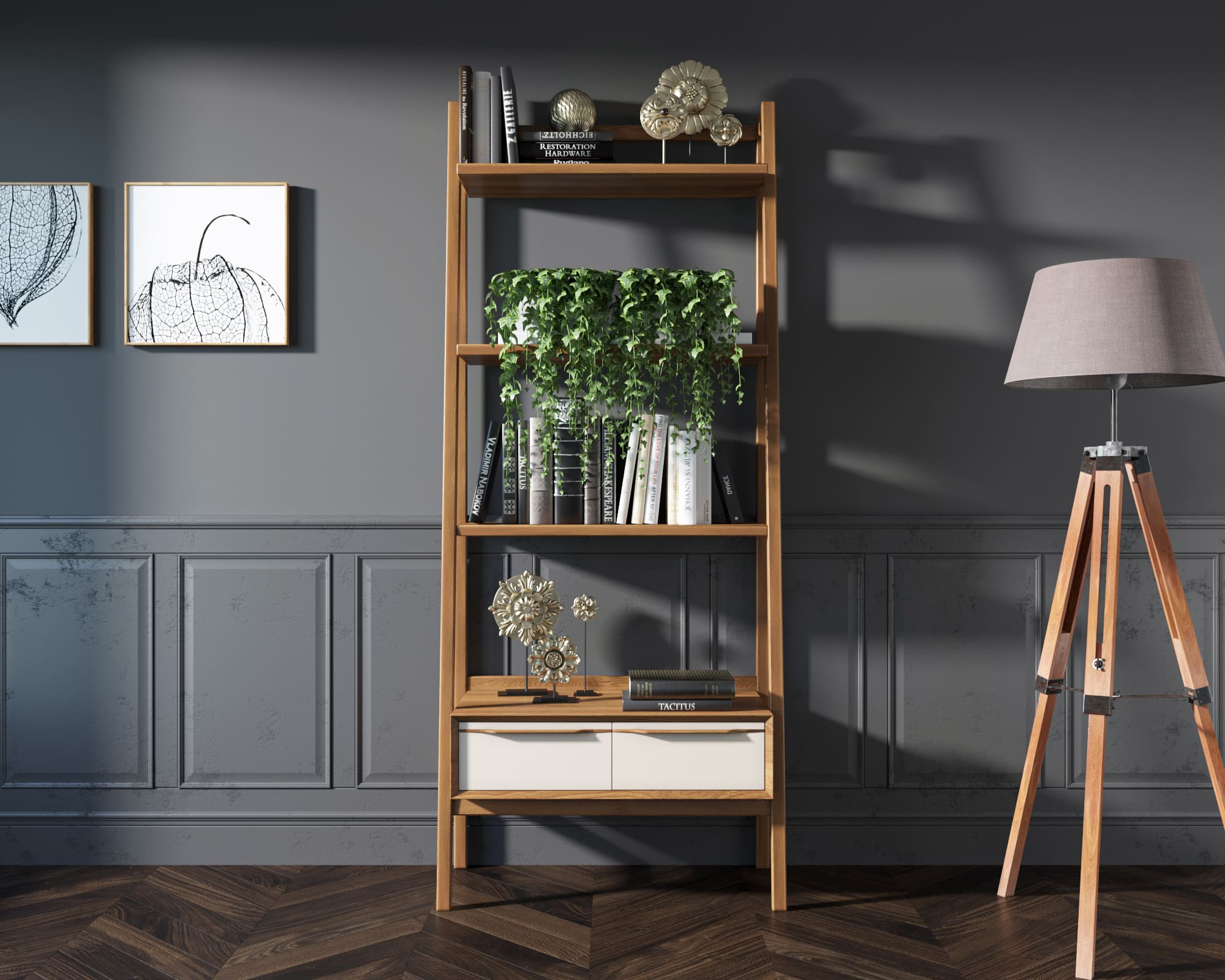   Узкий стеллаж из дерева «Bruni white" с двумя ящиками  