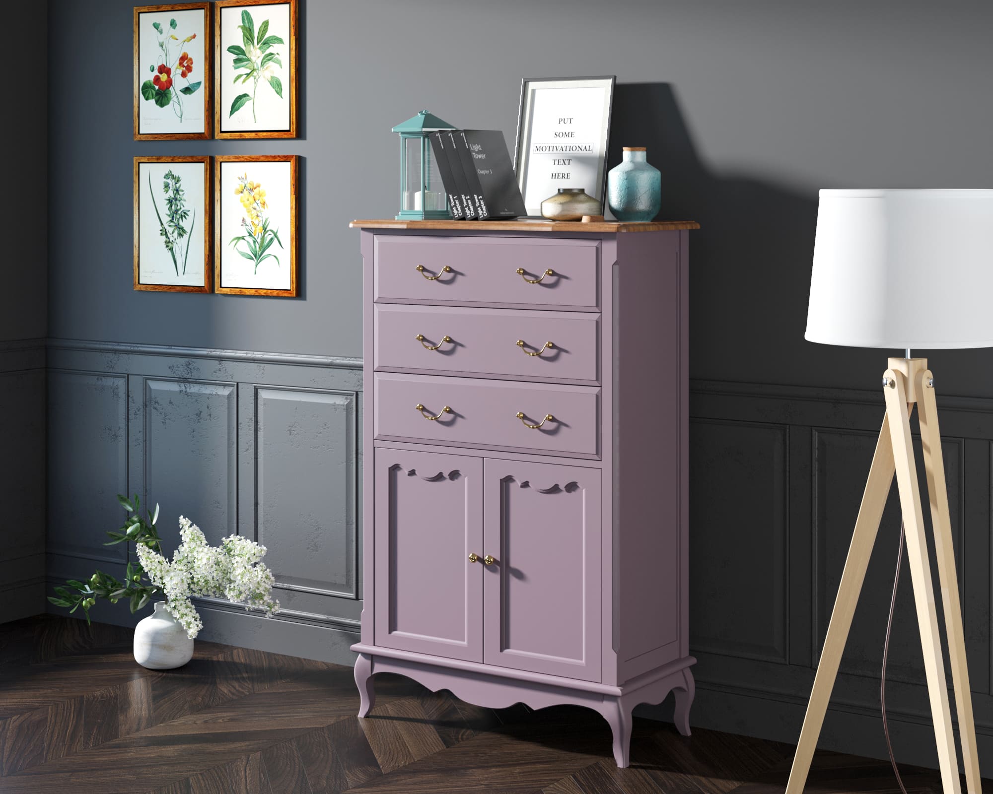 Комод деревянный Leontina Lavanda три ящика две дверки арт ST9354L